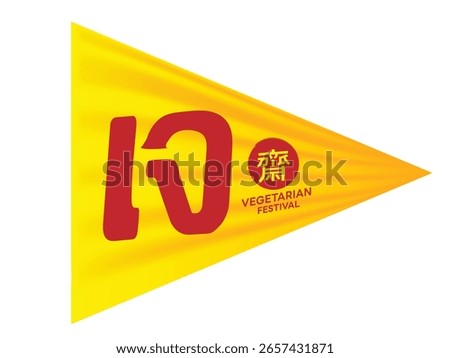 Bright yellow triangular flag with Thai and Chinese "Jay" text and "Vegetarian Festival" label, symbolizing meat-free food offerings.