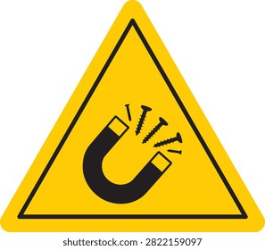 Bright yellow triangular warning sign features a black horseshoe magnet icon attracting multiple steel screws to represent strong magnetic field hazards displayed clearly on white background