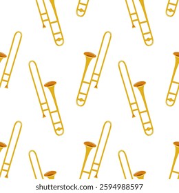 Bright yellow trombone pattern on a white background suitable for music-themed designs