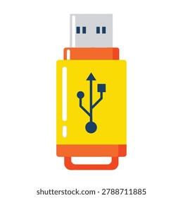 A bright yellow USB flash drive with orange accents and a usb symbol on a white background