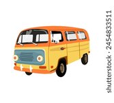  Bright yellow van isolated on white background. Minibus for traveling at sea. School bus Vector illustration.