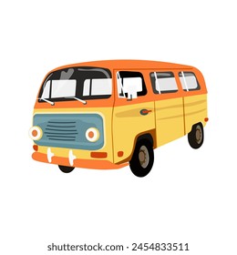  Bright yellow van isolated on white background. Minibus for traveling at sea. School bus Vector illustration.