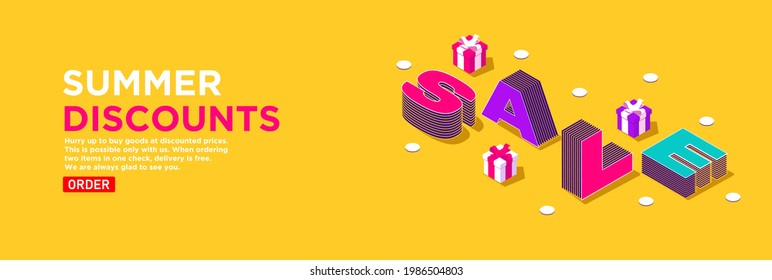 Bright yellow vector banner in isometric view. Summer sales in online stores. Promotions and discounts concept. Volumetric letters surrounded by boxes with gifts decorated with ribbons. Order delivery