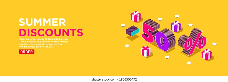 Bright yellow vector banner in isometric view. Summer sales in online stores. Promotions and discounts concept. Volumetric numbers 50 surrounded by gift boxes decorated with ribbons. Order delivery