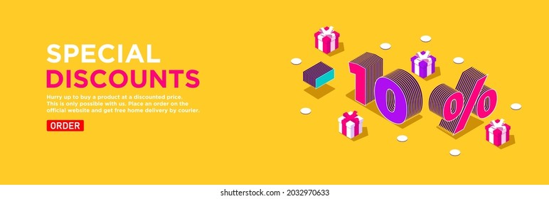 Bright yellow vector banner isometric. Special offer sale in online stores. Promotions and discounts concept. Volumetric numbers 10 surrounded by gift boxes decorated with ribbons. Order delivery 
