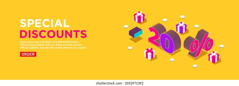 Bright yellow vector banner isometric. Special offer sale in online stores. Promotions and discounts concept. Volumetric numbers 20 surrounded by gift boxes decorated with ribbons. Order delivery 