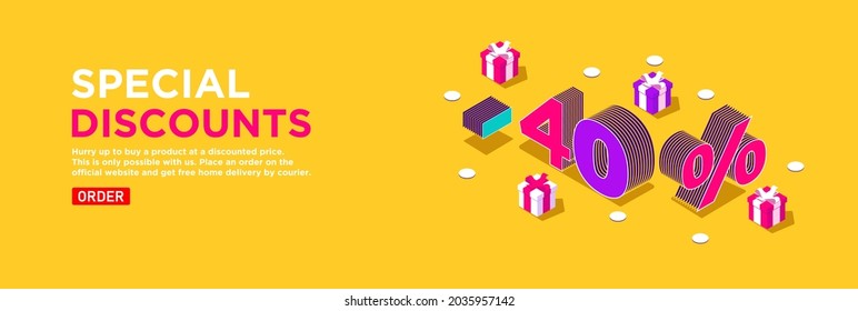 Banner vectorial amarillo brillante isométrico. Oferta especial en tiendas online. Concepto de promociones y descuentos. Números volumétricos -40 rodeados por cajas de regalo decoradas con cintas. Entrega de pedidos 