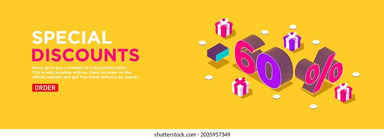 Bright yellow vector banner isometric. Special offer sale in online stores. Promotions and discounts concept. Volumetric numbers -60 surrounded by gift boxes decorated with ribbons. Order delivery 