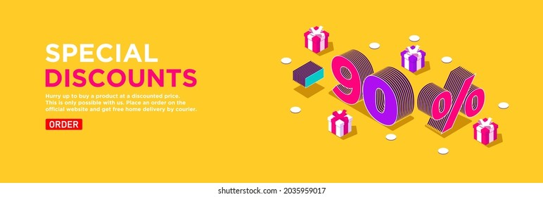 Bright yellow vector banner isometric. Special offer sale in online stores. Promotions and discounts concept. Volumetric numbers -90 surrounded by gift boxes decorated with ribbons. Order delivery 