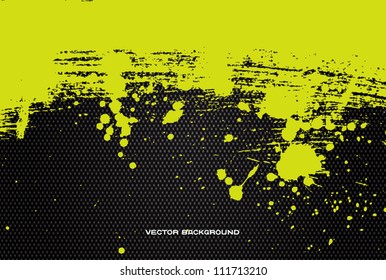 Bright yellow vector hand painted brush stroke background with paint splatter over black canvas
