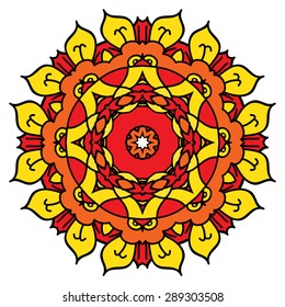 Bright yellow vector mandala. Isolated round element.