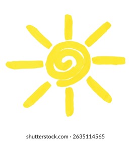 Heldergele vector zon geschilderd met verf. Zon met stralen. Wereld Zondag Dag. Internationale Dag van het Kind.