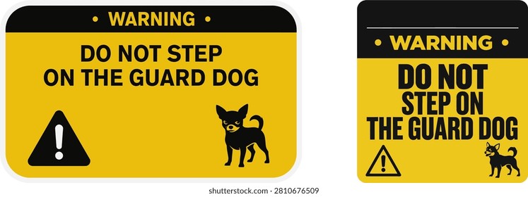 Bright yellow warning sign with bold text and black dog silhouette in aggressive stance.