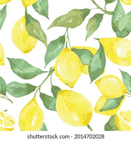 Bright yellow watercolor lemons and green leaves seamless pattern isolated on white background. Botanical illustration. can be used for textile, wallpaper, fabric.