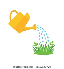 A bright yellow watering can pours fresh water droplets onto a patch of green grass in a flat vector illustration.
