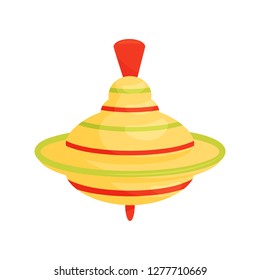 Bright yellow whirligig toy with red and green stripes. Vintage humming top. Flat vector design