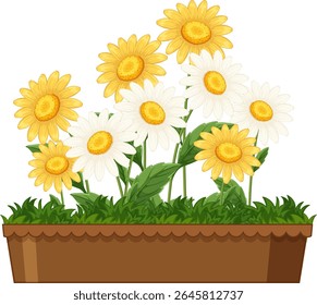 Bright yellow and white daisies in a detailed vector illustration with lush green leaves and a wooden planter