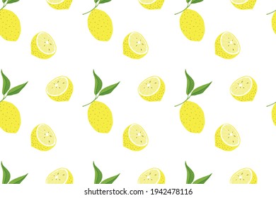 bright yellow whole lemons and lemon halves on white background vector seamless pattern