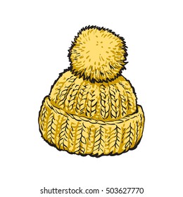 Bright yellow winter knitted hat with pompon, sketch style vector illustrations isolated on white background. Hand drawn woolen hat with a big fluffy pompom, winter accessory