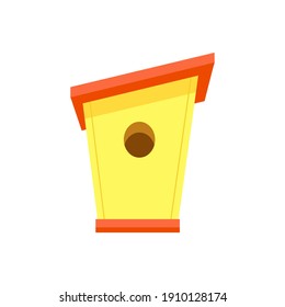 Bright yellow wooden birdhouse with red pitched roof, isolated on white background. Bird feeder, wooden buildings made of planks. Handmade craft or crafts made of wood and nails. Vector 10 EPS