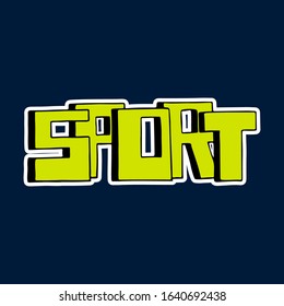 Bright yellow word Sport. Vector hand drawing. Isolated object on a blue background. Isolate. Texture.