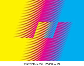 
Bright yellow-blue-purple pattern of striped geometric shapes from oblique lines. Basis for design. Trendy color background with thin lines