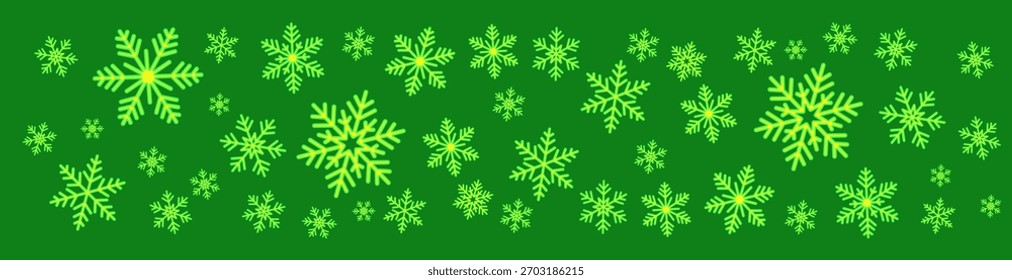 Copos de nieve amarillo-verdes brillantes en un fondo verde sólido