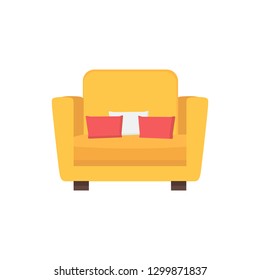 Bright yellow-orange armchair with small pillows. Comfortable furniture for living or bed room. Soft seat. Colorful flat vector illustration isolated on white background.