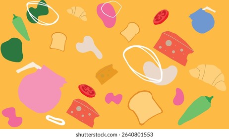 Bright yellow-orange layout with cheese, toast, croissants, veggies, and abstract breakfast elements in a lively and fun style.