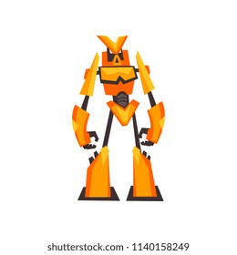 Bright yellow-orange robot robot with claw hands. Fantasy metal monster. Isolated flat vector design