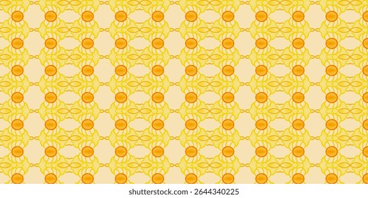 Bright yellow-orange seamless pattern with symmetrical floral-like design and radiant circles. Perfect for textiles, wrapping paper, or cheerful digital backgrounds.