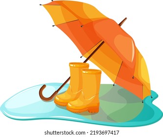 Bright yellow-orange umbrella with yellow rubber boots on puddle. Rainy weather. Umbrella with boots