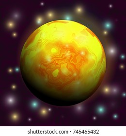Bright yellow-red planet in space with stars. Cartoon style. Vector