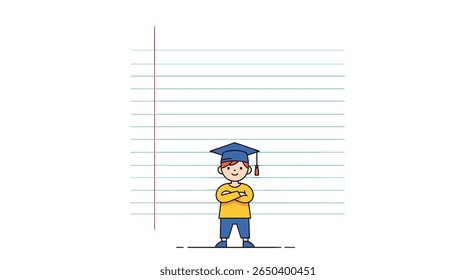 A bright young graduate standing proudly amidst lined paper symbolizing academic achievement and future success