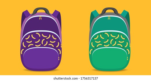 Bright youth purple and green backpacks with a pattern of bananas. Back to school. School backpack design