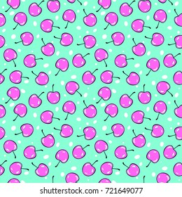Bright and yummi cherries, seamless pattern. vector illustration, hand drawn.