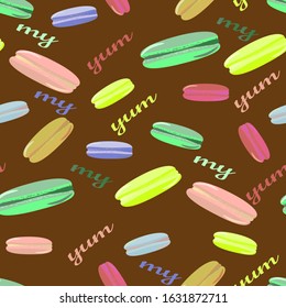 Bright yummy seamless pattern of collection macaroons on chocolate brown background. Vector illustration for confectionery, bakery, for packaging, for delivery boxes.