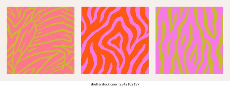 Bright Zebra and Butterfly Wings Seamless Patterns Set in Trendy Radiant Red, Cyber Lime and Pink Colors. Abstract Tiger Skin Vector Background in Y2K Style for Print on Textile, Wallpaper, Web Design