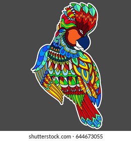 Bright zentangle colored sitting parrot. Abstract doodle vector jungle bird isolated on gray background