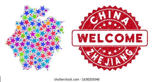 Bright Zhejiang Province map composition of stars, and scratched round red WELCOME stamp seal. Abstract territorial plan in bright color tones.