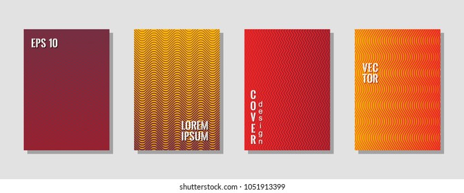 Bright zig zag banner templates, wavy lines gradient stripes backgrounds for musical cover. Curve shapes stripes, zig zag edge lines halftone texture gradient journal covers red brown set.