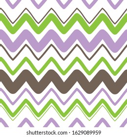Bright zigzag ornament: brown, green and violet zigzagd on white background. Seamless pattern, vector graphics.