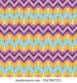 Bright zigzag patterns in purple, orange, teal, and yellow create a dynamic textile design that radiates visual energy. Ideal for inspiring home décor, fashion, or interior design.