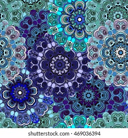 Bright-blue seamless pattern with eastern floral ornament. Floral oriental design in aztec, turkish, pakistan, indian, chinese, japanese style. Wrapping paper or front-side, vector art