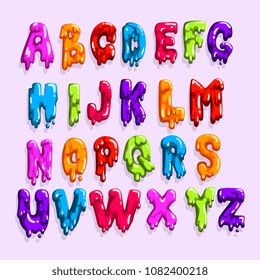 Bright-colored latin alphabet made of sweet jelly or jam. English letters from A to Z. Cartoon vector font for print, poster or card