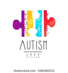 Bright-colored logo with symbol of autism. Vector emblem with puzzle. Genetic disorder. Down Syndrome theme. Design for wellness or medical center