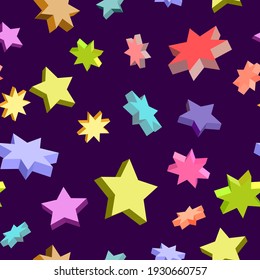 Bright-colored stars on a dark purple background. Seamless pattern.