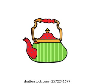 a bright-colored teapot with a pattern on a white background,