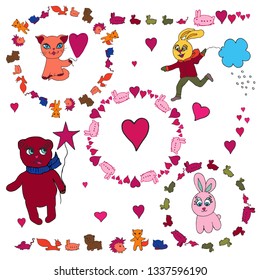 Brighte forest animals: isolated elements, three round wreaths and three brushes