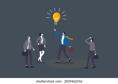 Brighten Up Business, Bright Light To Guide Career Path, Creativity For Solution, Lit Up To See Way In The Dark Concept, Smart Businessman Manager Holding Lightbulb Idea To Help Colleague In The Dark.